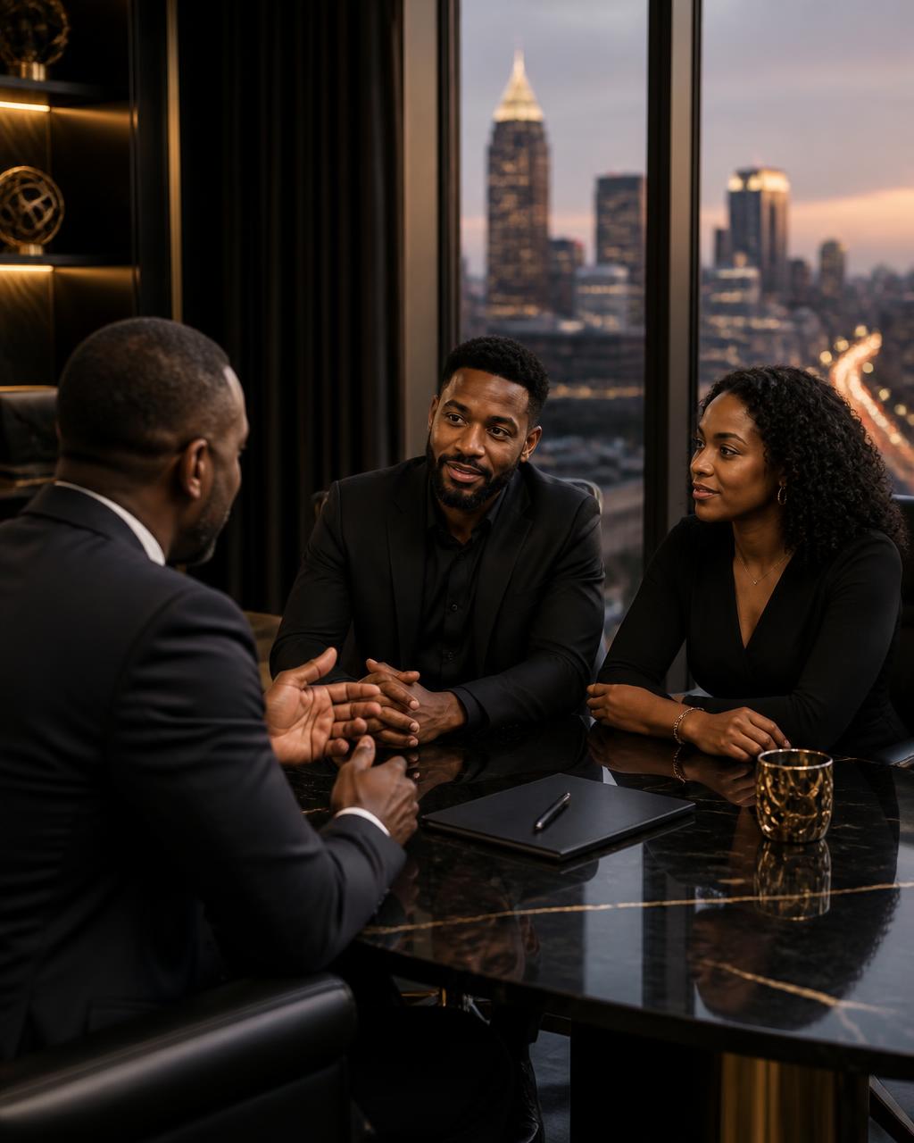 Financial advisor explaining life insurance protection to a young couple in a luxury Atlanta executive office