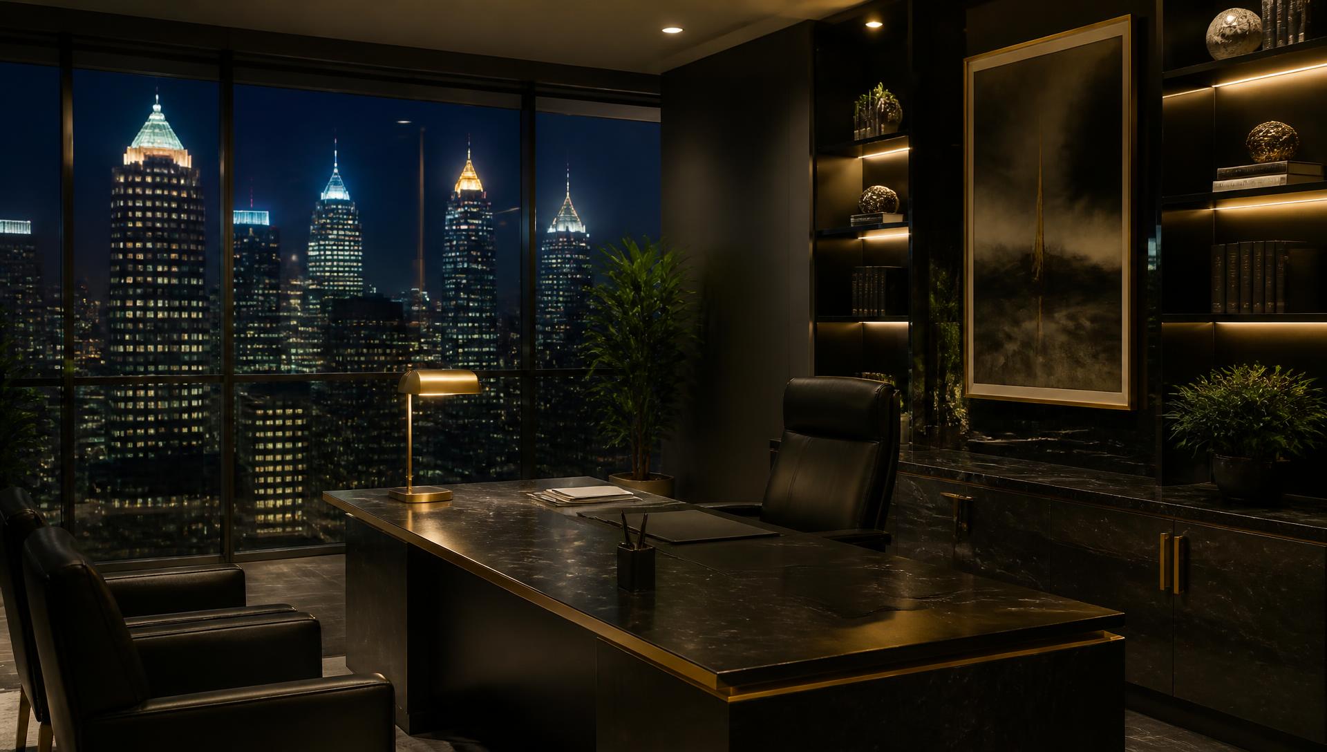 Executive office at night overlooking the Atlanta skyline