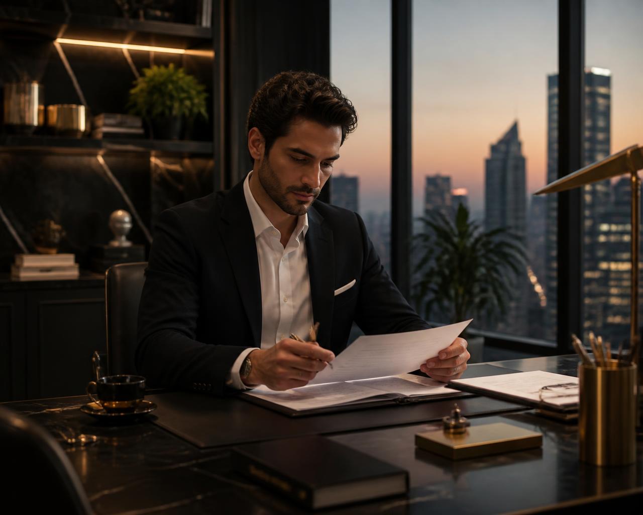 Young professional reviewing financial documents in a luxury high-rise office at dusk