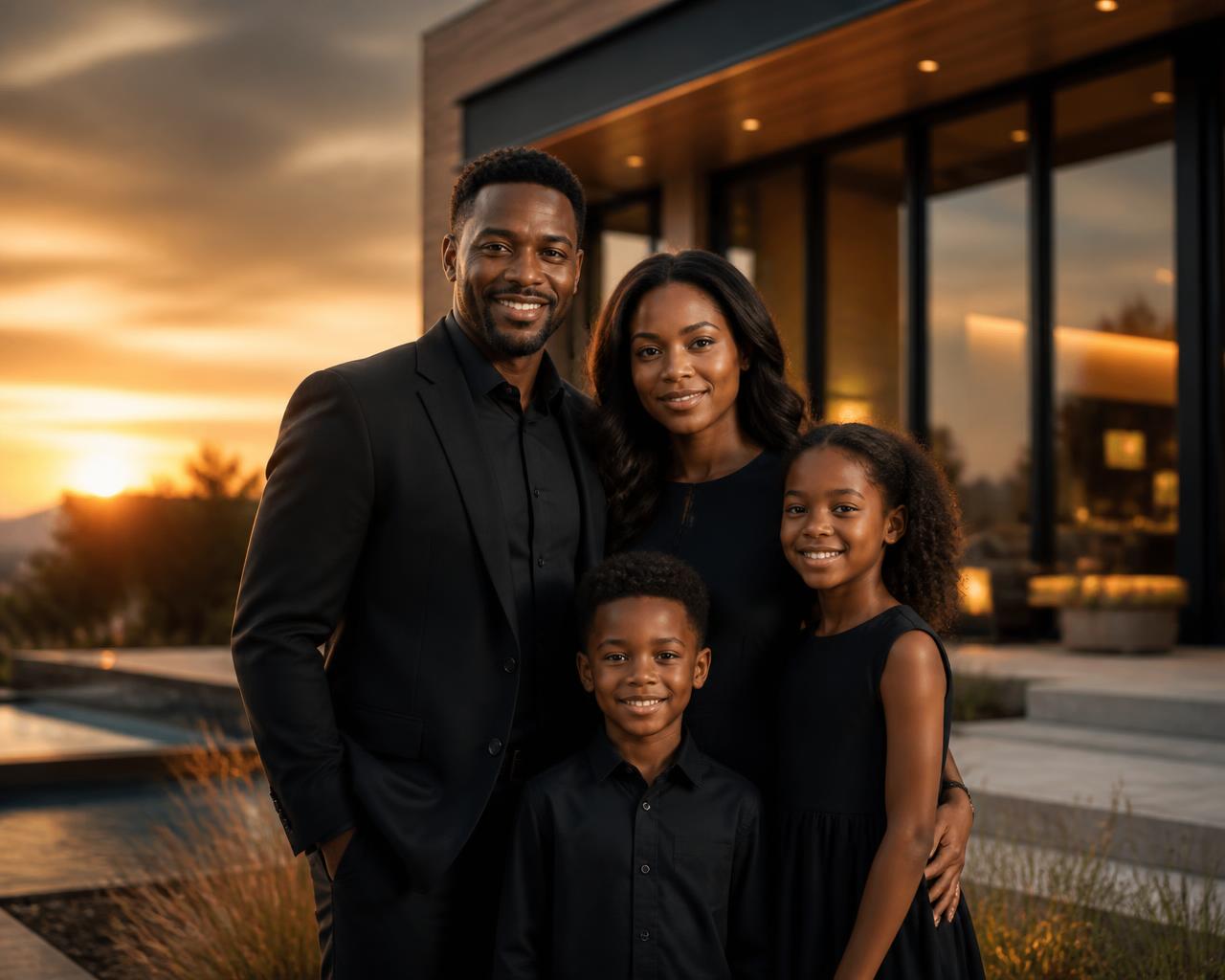 Young family standing together at sunset outside a modern home
